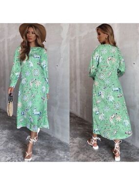 Zara Zodiac print satin midi maxi dress in mint green Sz XS NWT long sleeve